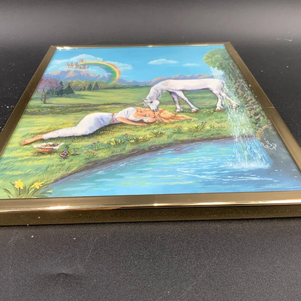 Vtg Judy Mastrangelo Sleeping Unicorn Dreams Fantasy Art Framed in Plexiglass